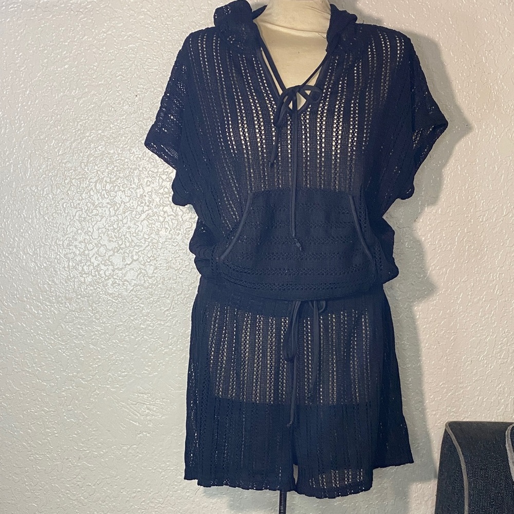 Two piece black swimsuit coverup